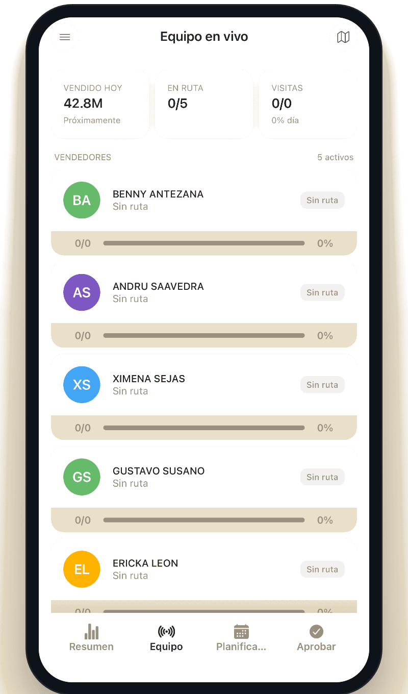 Pantalla de Pi² App: Equipo en vivo