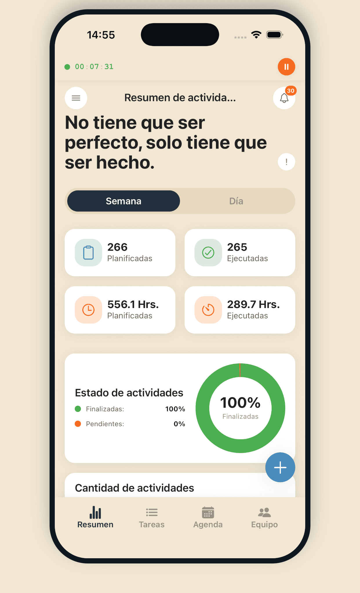 Pantalla de Pi² Task: Productividad