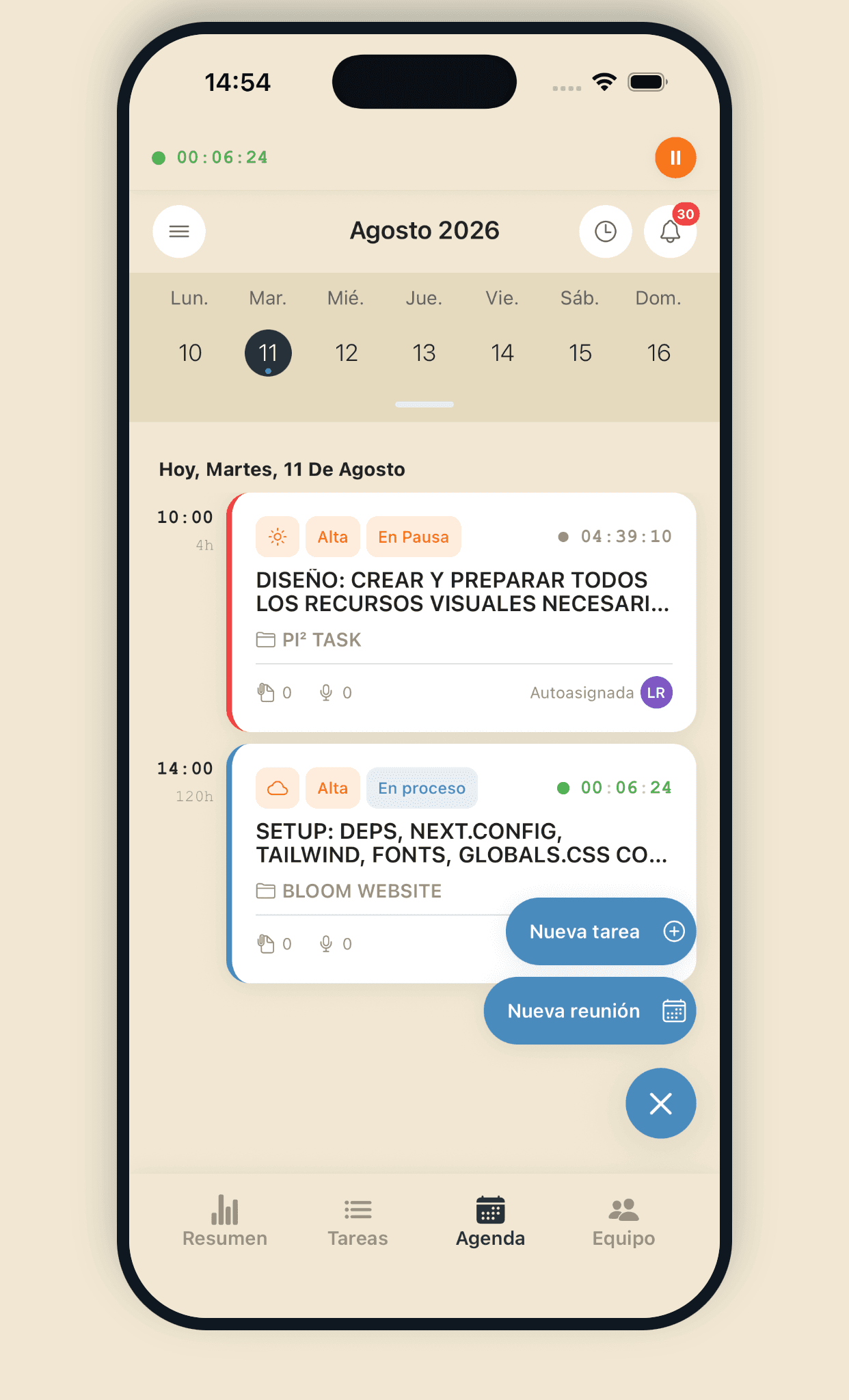 Pantalla de Pi² Task: Agenda