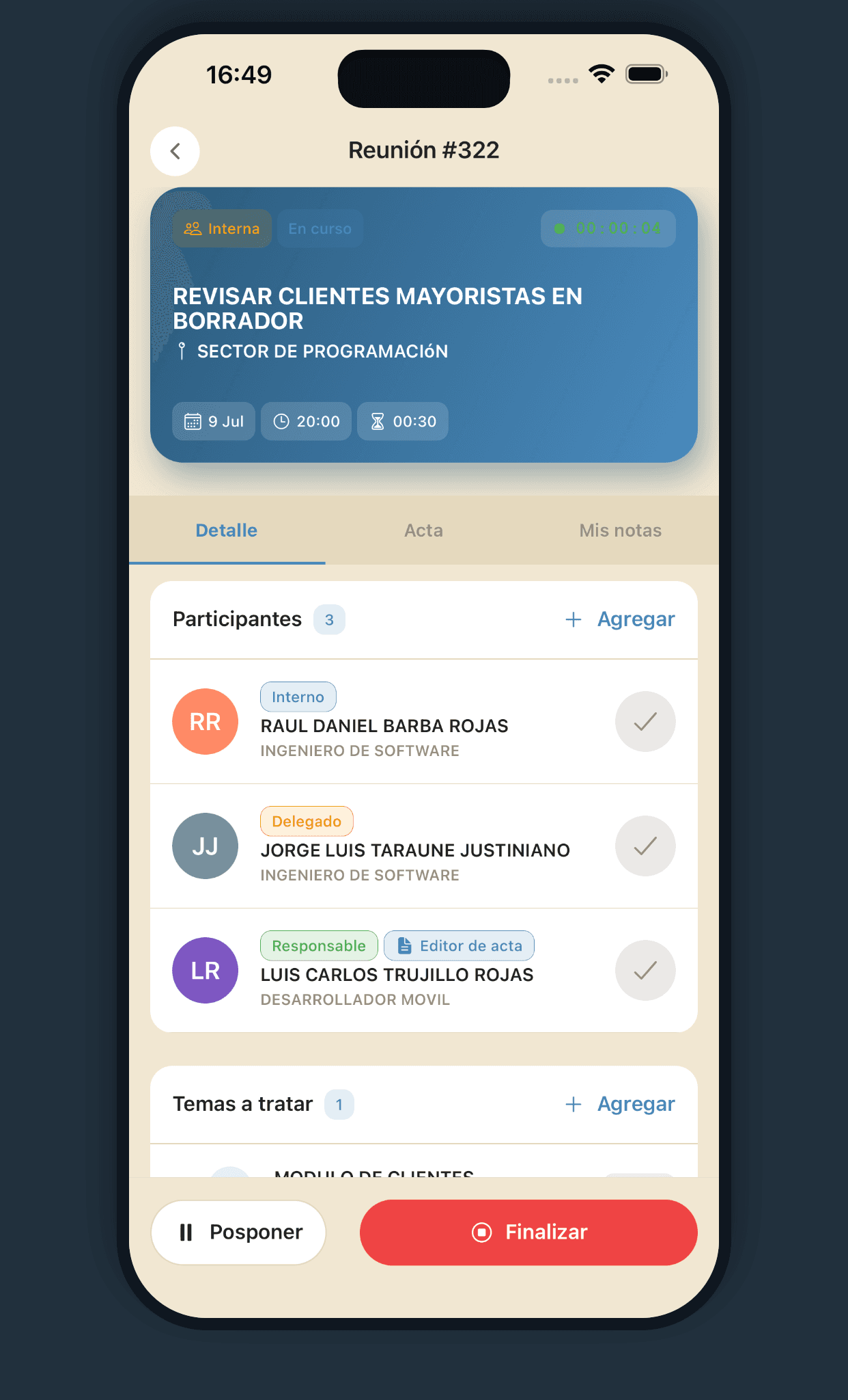 Pantalla de Pi² Task: Reuniones