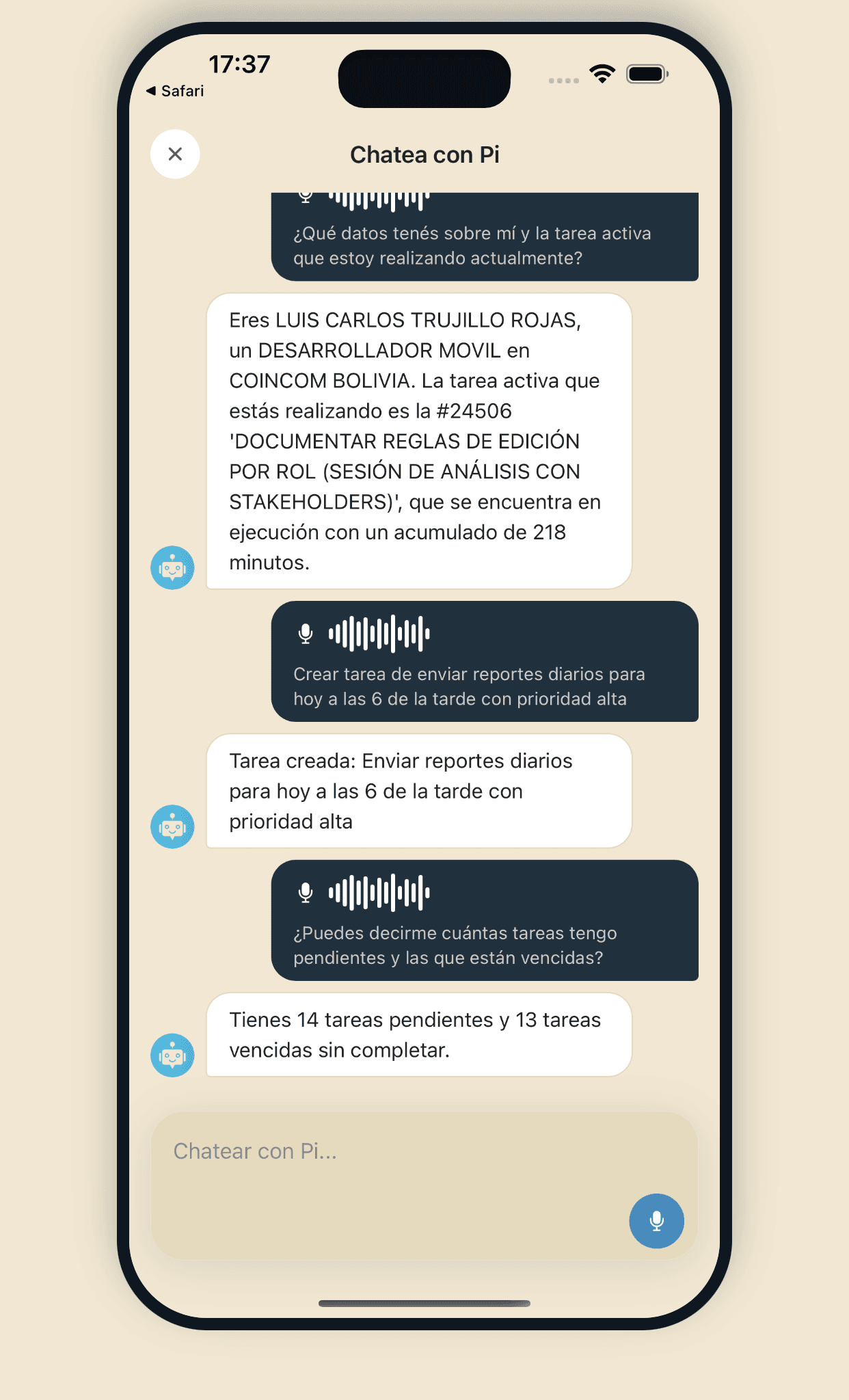 Pantalla de Pi² Task: Asistente Pi · IA
